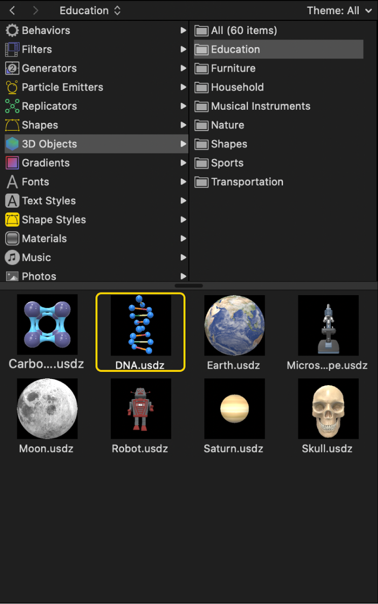 Mediathek mit einem ausgewählten 3D-Objekt