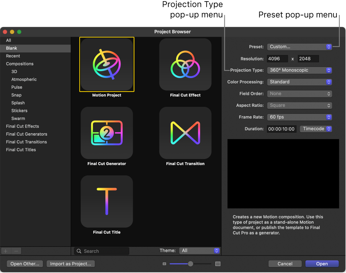 Project Browser showing the Preset pop-up menu and the Projection Type pop-up menu