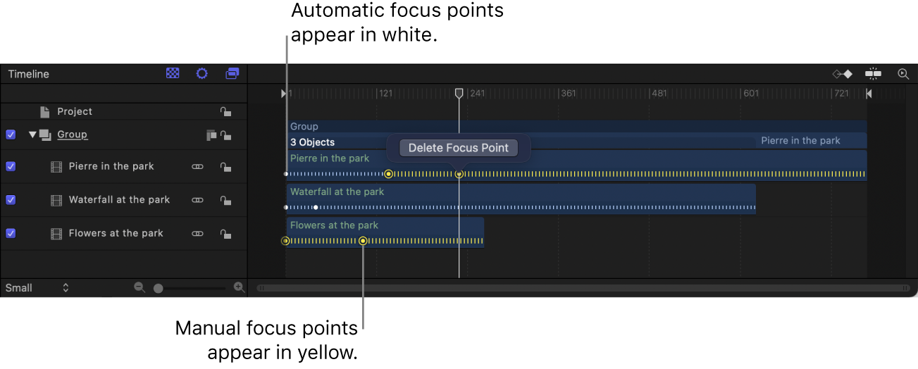 Clips de vídeo en modo Cinematográfico en la línea de tiempo con puntos de enfoque automático blancos y puntos de enfoque manual amarillos