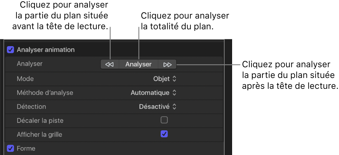 Boutons Analyser dans le comportement de suivi Analyser animation