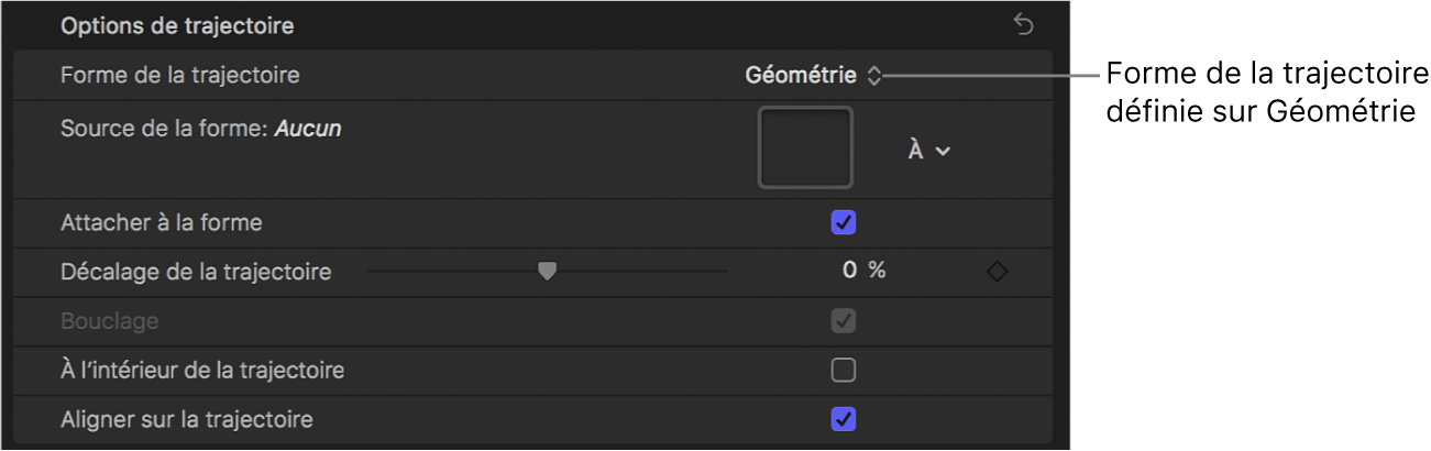 Menu local Forme de la trajectoire réglé sur Géométrie dans la fenêtre Présentation de l’inspecteur de texte