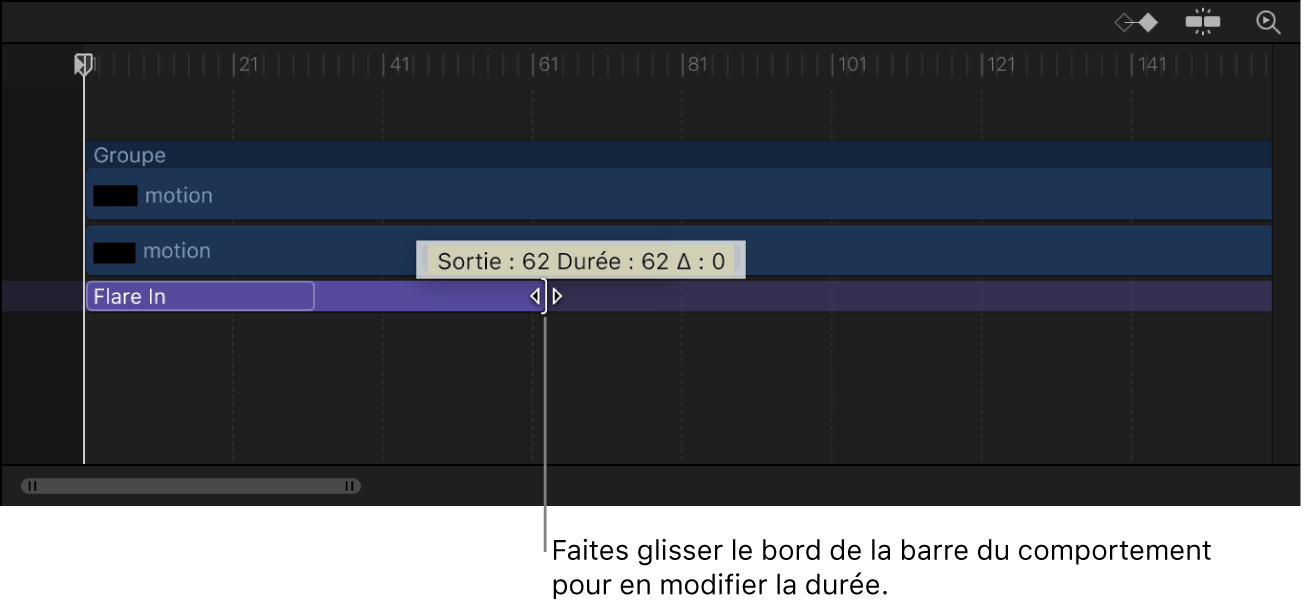 Timeline affichant un comportement en cours de glissement afin de modifier sa durée