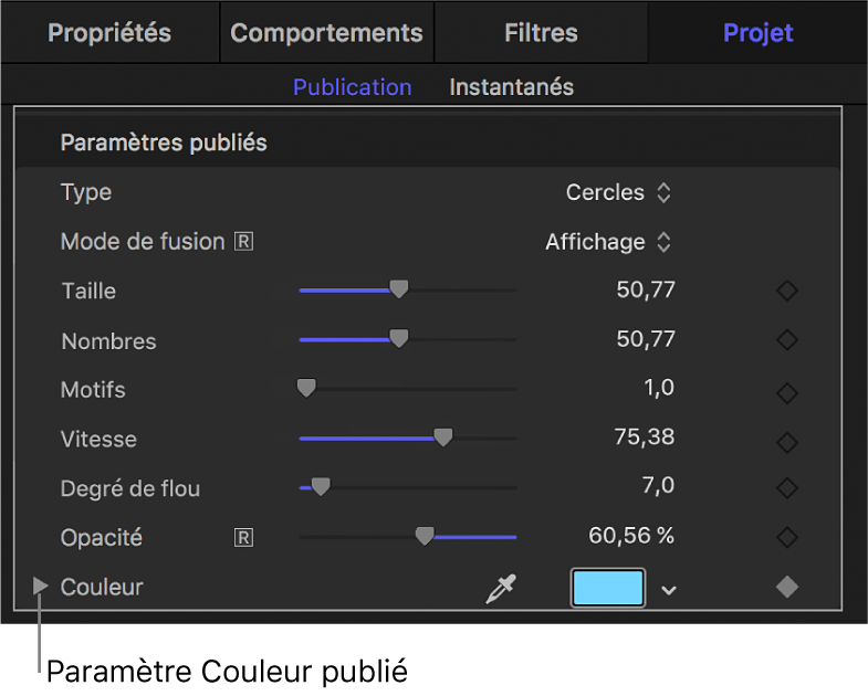 Paramètre Couleur dans la fenêtre Publié de l’inspecteur du projet