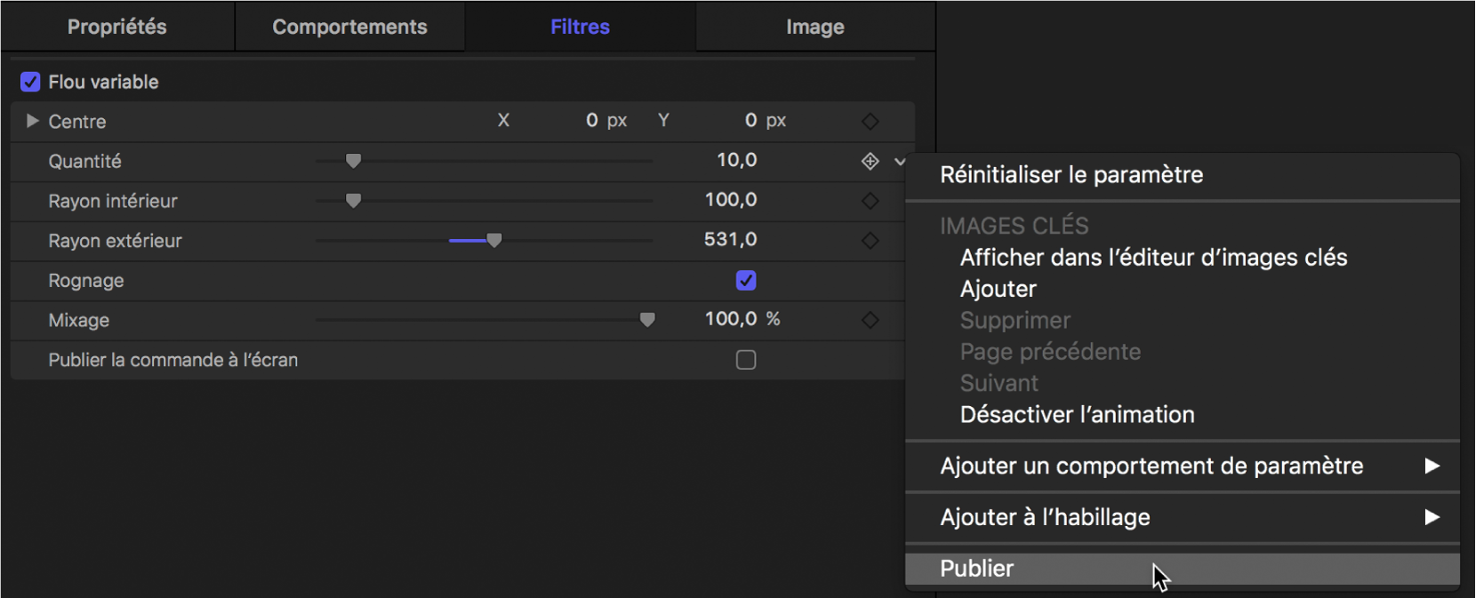 Sélection de Publier dans le menu Animation du paramètre Déformer