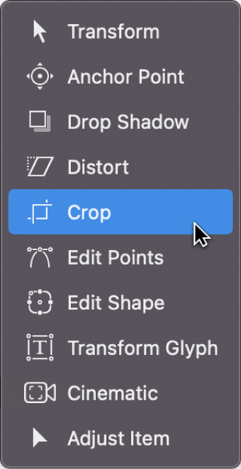 変形ツールのポップアップメニュー。「クロップ」ツールを選択しています