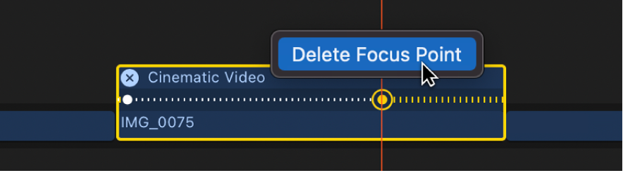 Ein manueller (gelber) Fokuspunkt in der Timeline, darüber erscheint der Befehl „Fokuspunkt löschen“