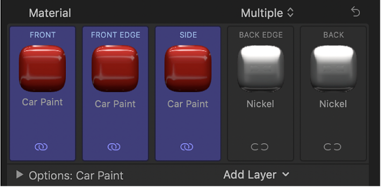 The Material section of the Text inspector showing three selected preview thumbnails with one material (Car Paint) and two thumbnails with a different material (Nickel)