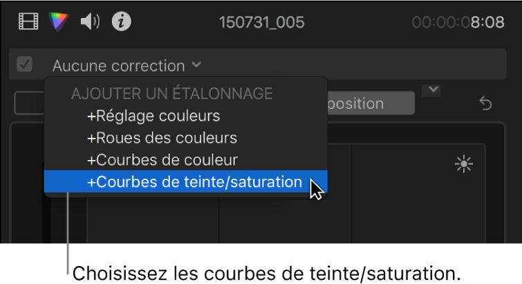 Courbes de teinte/saturation choisies dans la section Ajouter une correction du menu local situé en haut de l’inspecteur de couleur