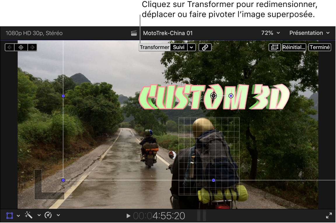 L’option Transformer est sélectionnée en haut du visualiseur. Un marqueur de suivi à l’écran apparaît par-dessus un objet dans la vidéo et un titre avec des commandes de transformation à l’écran s’affiche au-dessus de l’objet.