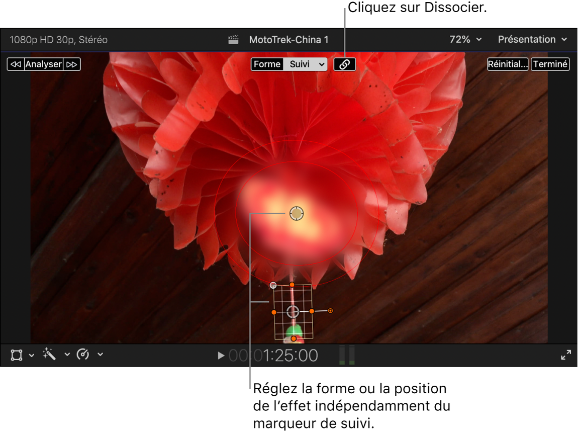 Visualiseur montrant le masque de forme pour l’effet de flou dissocié du marqueur de suivi et placé au-dessus de celui-ci