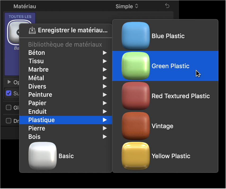 Section Texte 3D de l’inspecteur de texte affichant le menu local des préréglages de matériau et le sous-menu Plastique, avec l’option Plastique vert sélectionnée