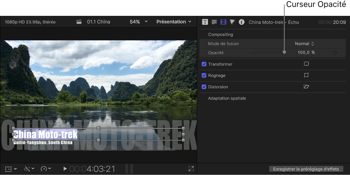 Texte du titre dans le visualiseur à gauche et inspecteur vidéo affichant le curseur Opacité à droite