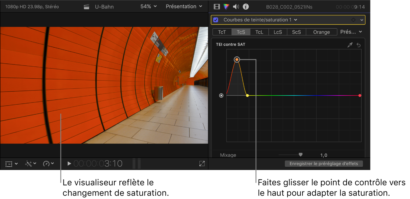 Visualiseur à gauche montrant le changement de saturation et l’inspecteur de couleur à droite montrant les points de contrôle sur la courbe Teinte contre saturation