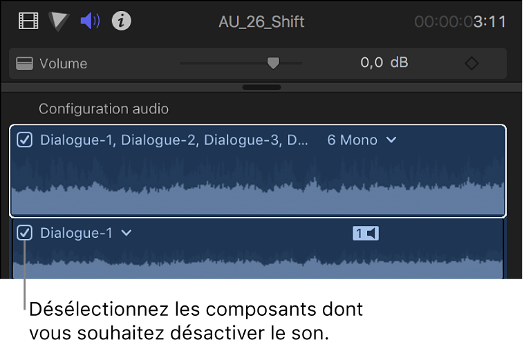 Cases des composants audio dans la section Configuration audio de l’inspecteur audio