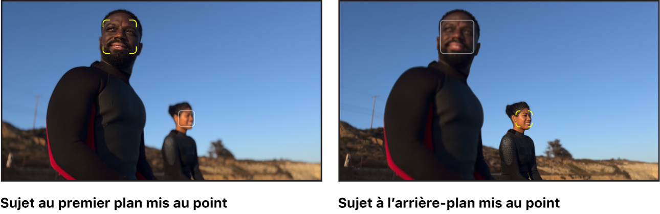 Deux versions d’une image tirée d’un plan vidéo en mode Cinématographique, avec les commandes à l’écran montrant un changement de mise au point