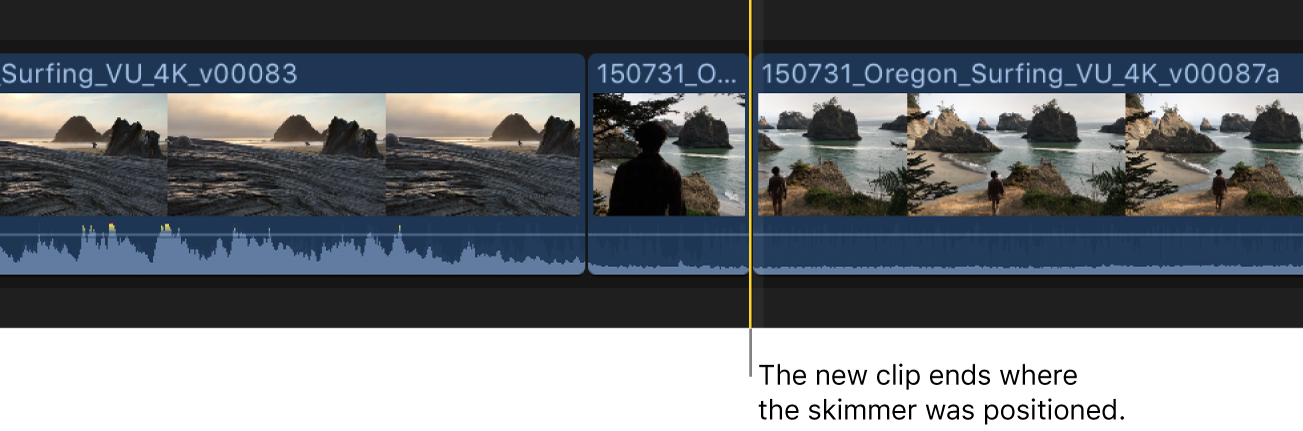 スキマー位置を終点としてタイムラインに追加された新しいクリップ