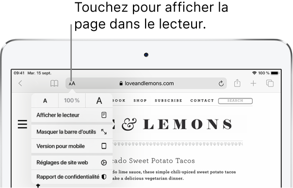 La barre d’outils Safari, avec le bouton Lecteur sur le côté gauche du champ d’adresse.