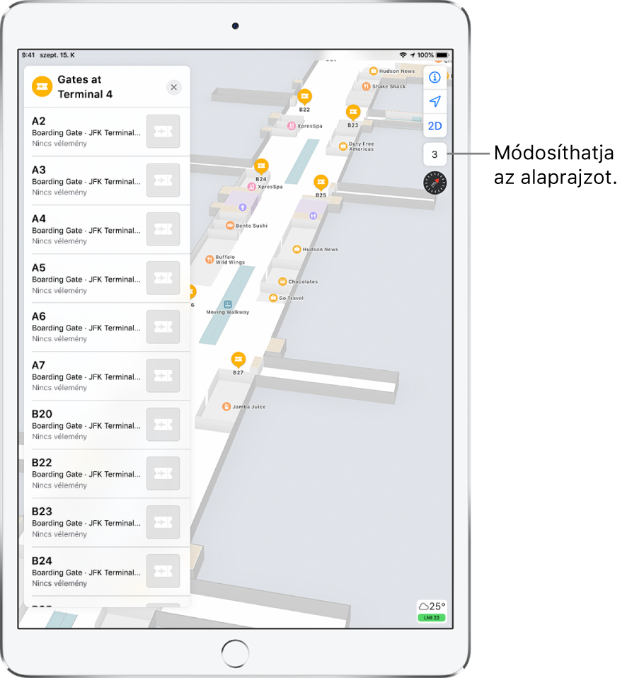 Beltéri térkép egy repülőtér termináljáról. A térképen üzletek és beszállókapuk láthatók. A képernyő bal oldalán egy kártya a 4-es terminál kapuit mutatja.