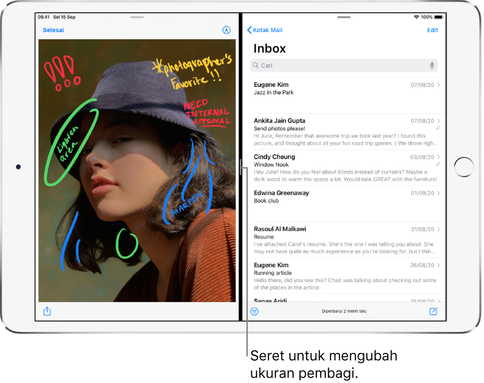 App grafik dibuka di sisi kiri layar, dan Mail dibuka di sisi kanan. Keterangan untuk garis berwarna tua di antaranya dengan tulisan “Seret untuk mengubah ukuran pembagian”.