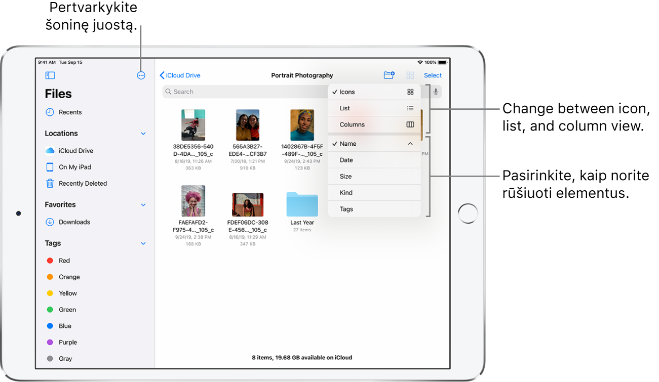 „iCloud Drive“ vieta su mygtukais, kuriuos naudojant galima keisti šoninės juostos išdėstymą, rikiuoti pagal pavadinimą, datą, dydį ir žymas, taip pat keisti sąrašo arba piktogramų rodinį.
