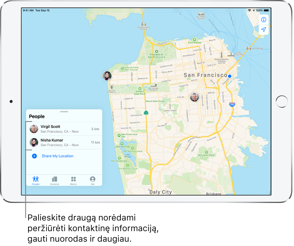 „Find My“ ekranas, atidaryta kortelė „People“. Sąraše „People“ rodomi du draugai: Virgil Scott ir Nisha Kumar. Jų vietos rodomos San Fransisko žemėlapyje.