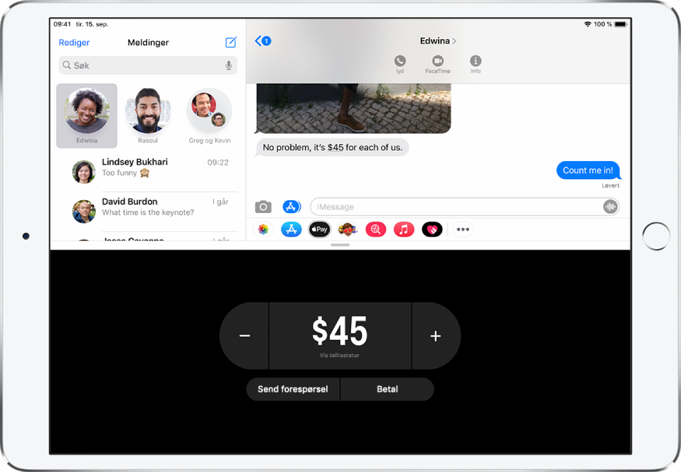 En iMessage-samtale med Apple Pay-appen åpen nederst.