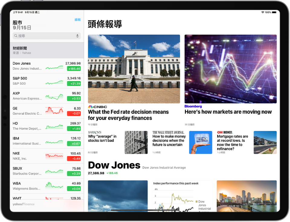 以橫向方向顯示「股市」畫面。搜尋欄位在左上角。搜尋欄位下方是觀察列表。與觀察列表中的股票相關的「熱門報導」填滿剩下的畫面。