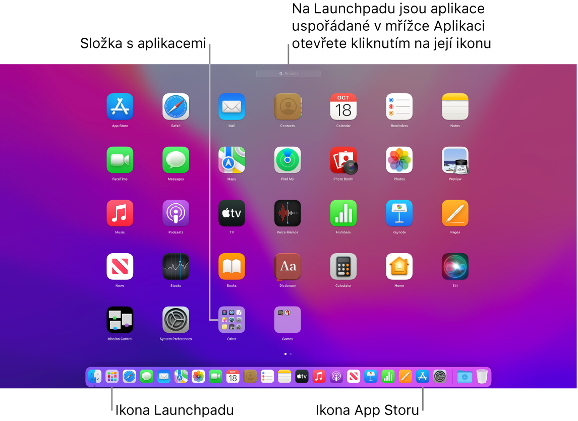 Obrazovka Macu s otevřeným Launchpadem, na níž je vidět složka aplikací v Launchpadu a také ikony Launchpadu a App Storu v Docku