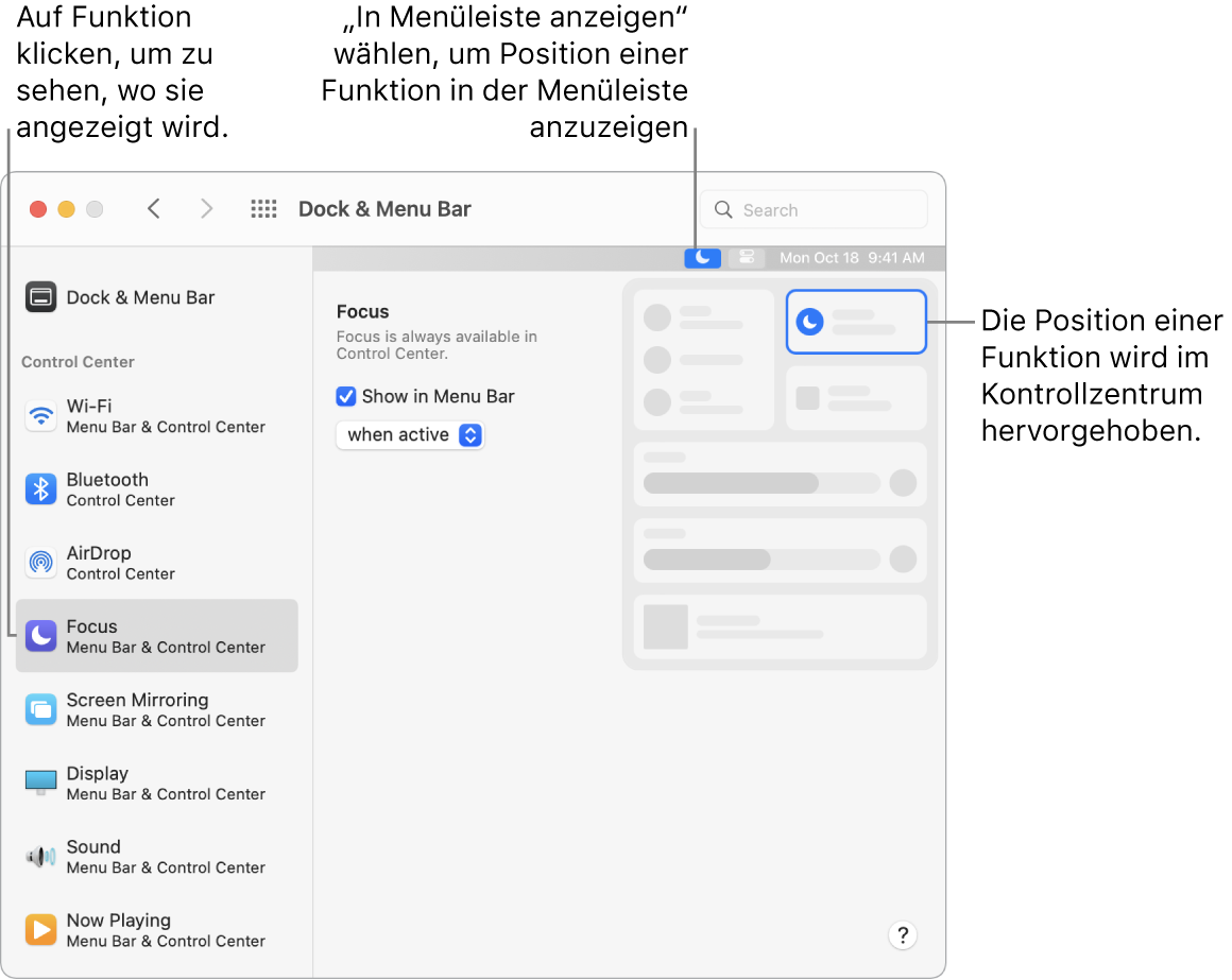 Das Fenster der Systemeinstellung „Dock & Menüleiste“.