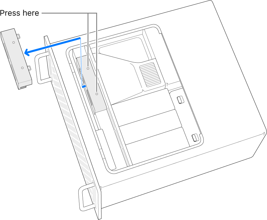 Mac Pro on its side and showing where to press to remove the SSD cover.