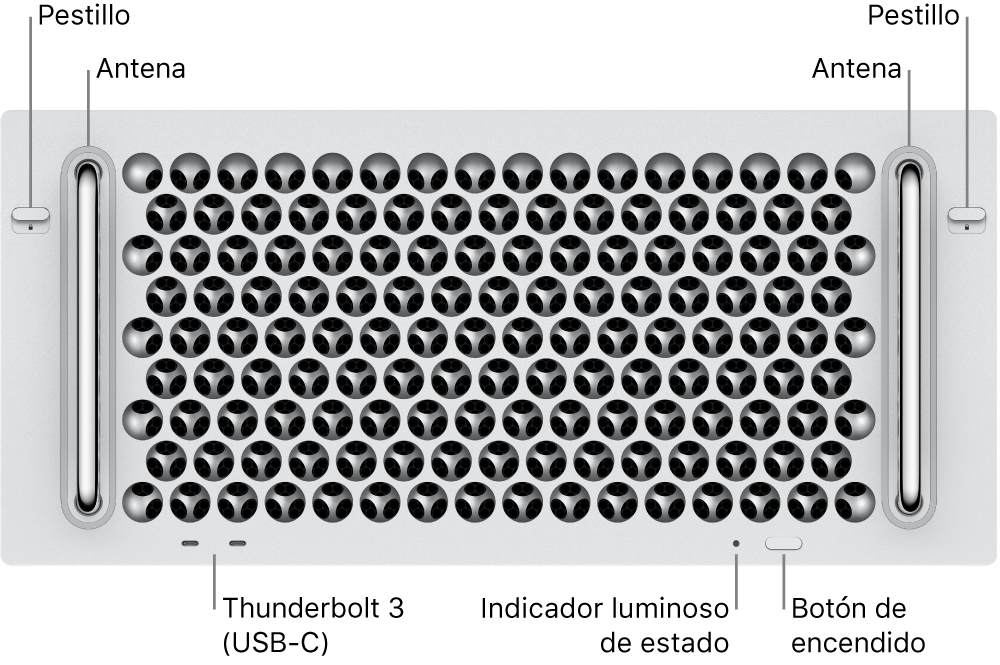 La parte delantera del Mac Pro con dos puertos Thunderbolt 3 (USB-C), un indicador luminoso del sistema, el botón de encendido y la antena.