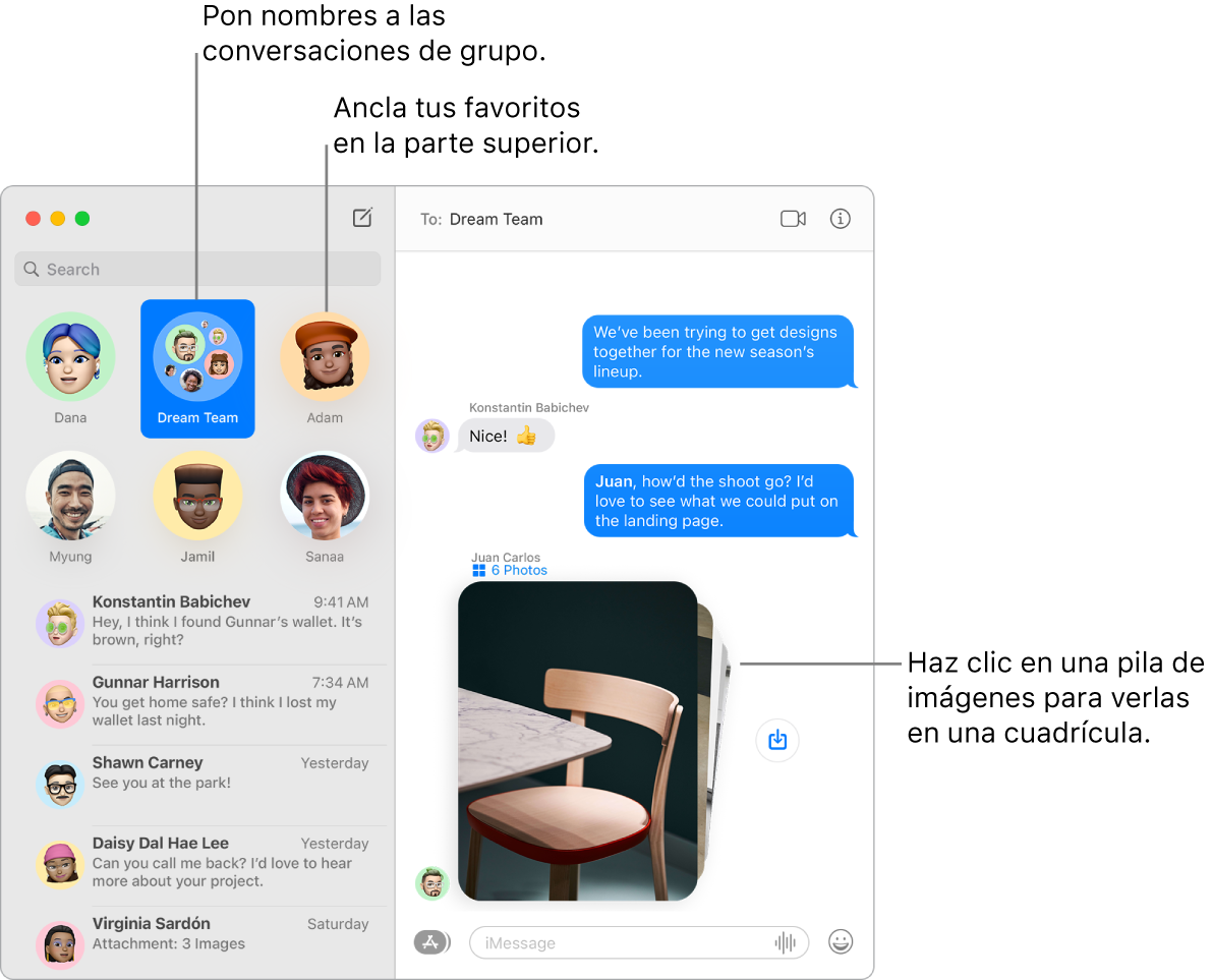 Una ventana de Mensajes con un chat de grupo y varios chats individuales fijados en la parte superior de la columna izquierda. En el chat de la derecha hay una pila de seis fotos con un botón “Guardar foto” al lado.