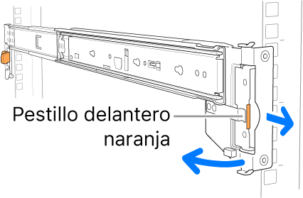 Conjunto de riel que muestra la ubicación del pestillo delantero.