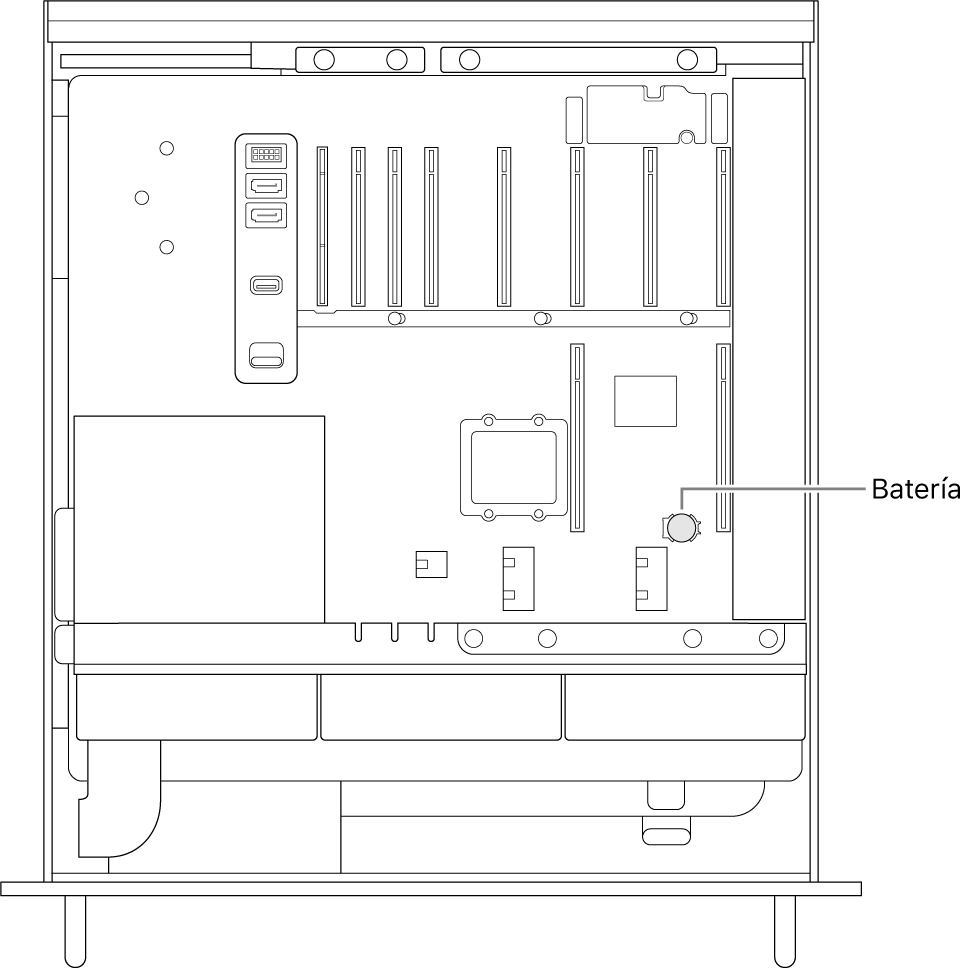 Vista lateral abierta del Mac Pro que señala la ubicación de la batería de botón.