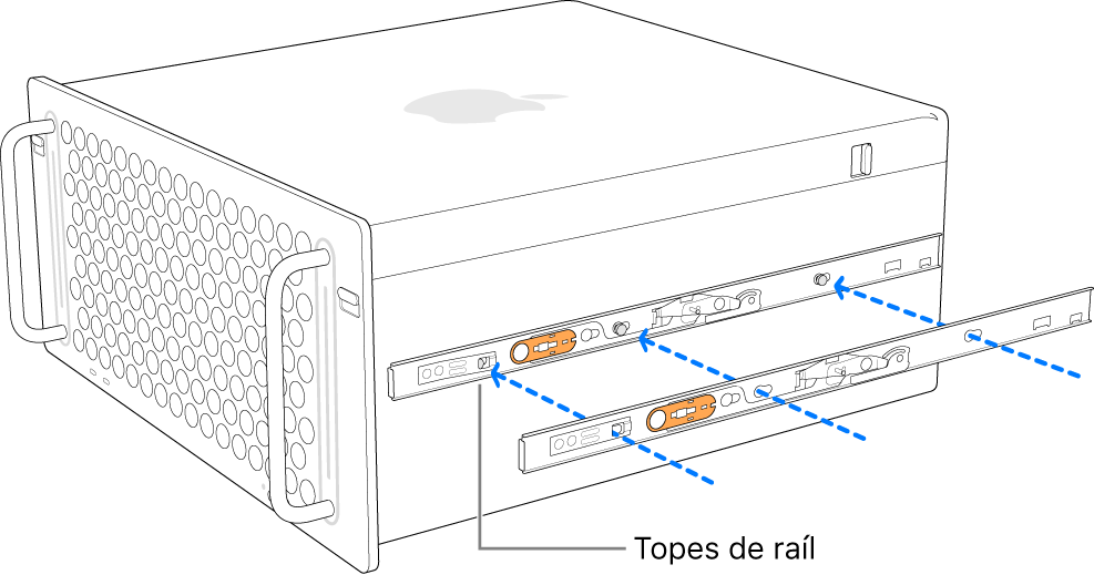 Se está montando un riel interno al lateral del Mac Pro.