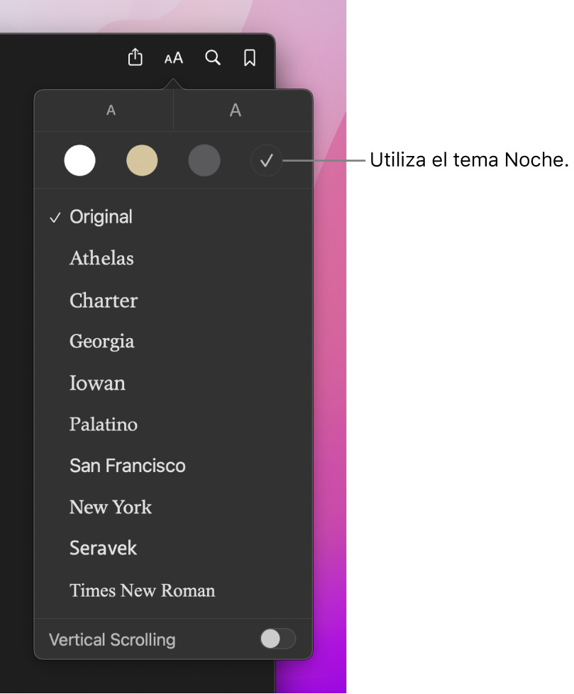 Una ventana de la app Libros donde se ve el menú Apariencia.