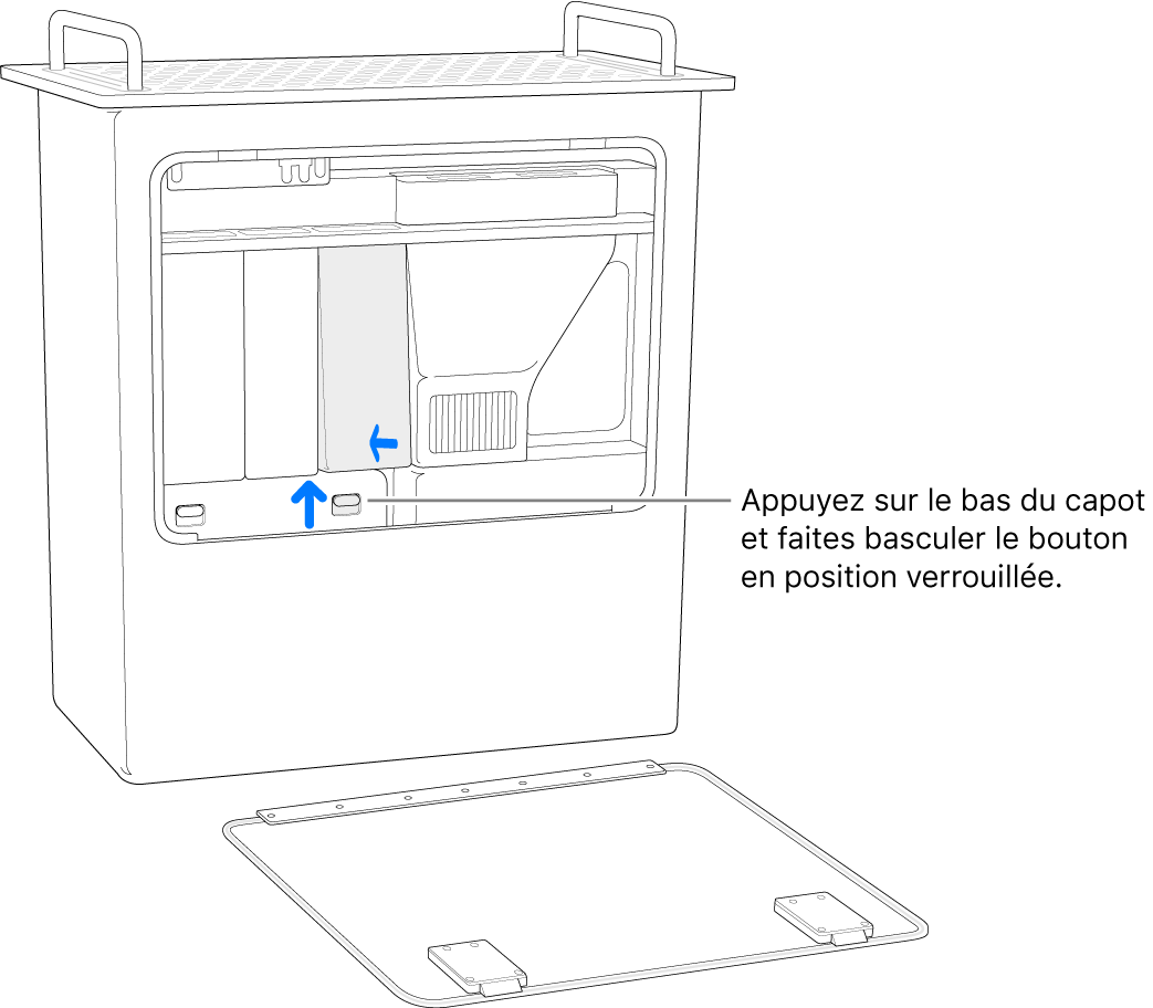 Mac Pro reposant sur son extrémité, montrant comment placer le bouton du DIMM en position verrouillée.