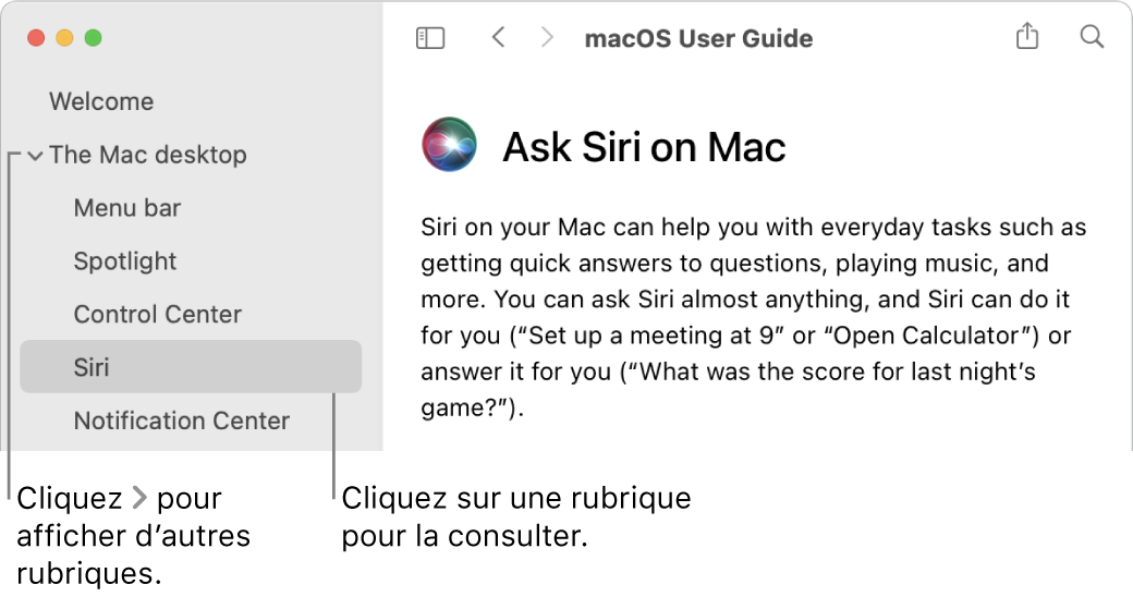 Visualisation Aide indiquant comment afficher les rubriques situées dans la barre latérale et comment afficher le contenu d’une rubrique.