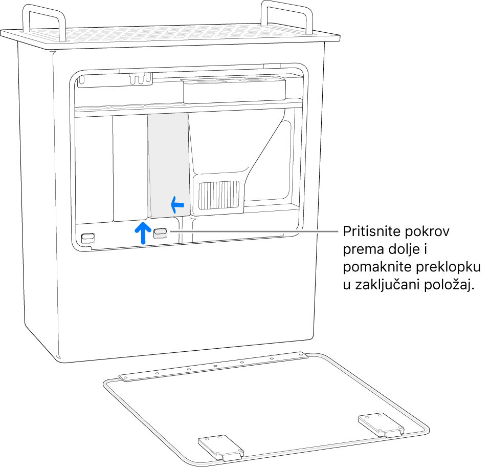 Mac Pro stoji uspravno, s prikazom kako pomaknuti DIMM prekidač na zaključani položaj.