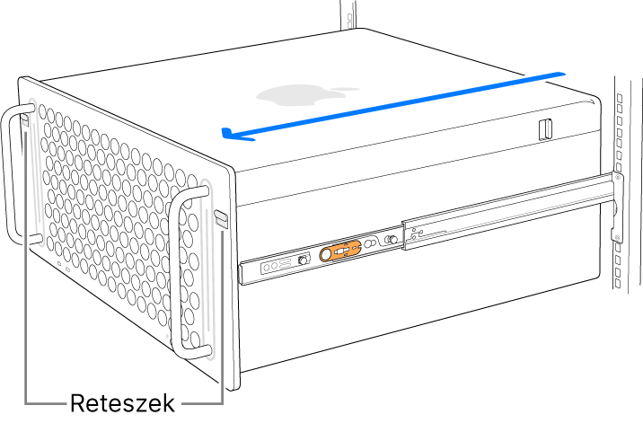 A Mac Pro gép a rackhez rögzített síneken.