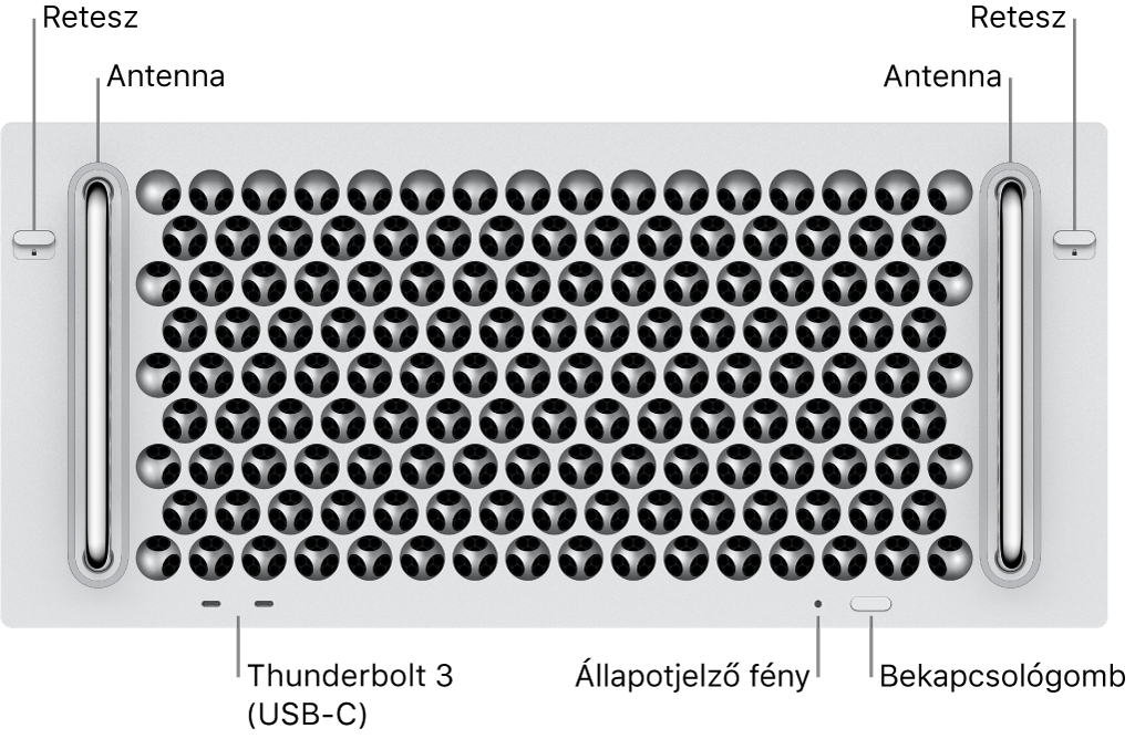 A Mac Pro elülső oldala két Thunderbolt 3 (USB-C) porttal, a rendszer jelzőfényével, a bekapcsológombbal és az antennával.