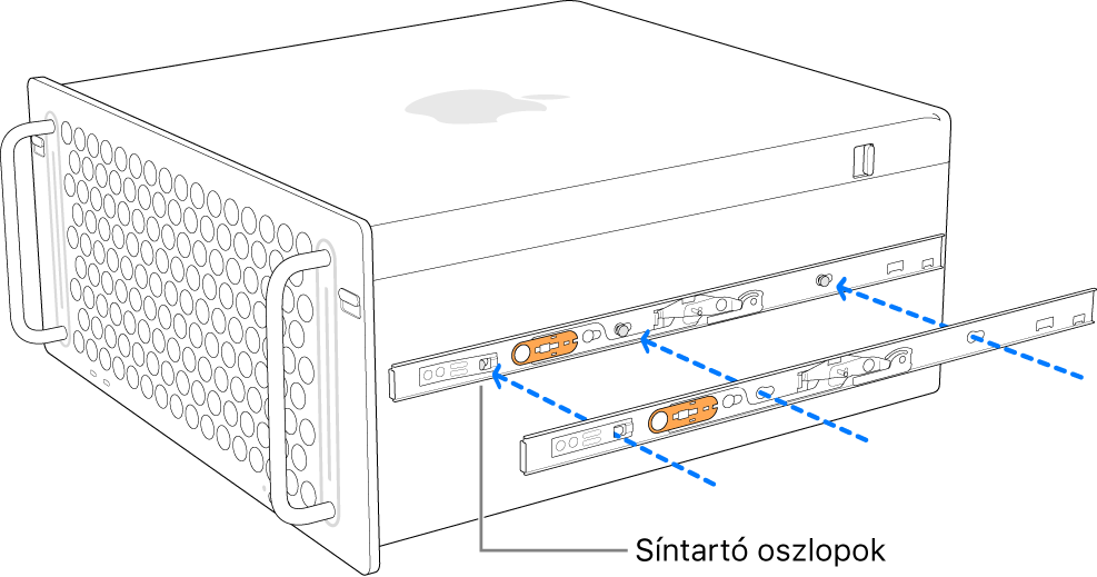 A Mac Pro gép, amelynek oldalához egy belső sín van csatlakoztatva.