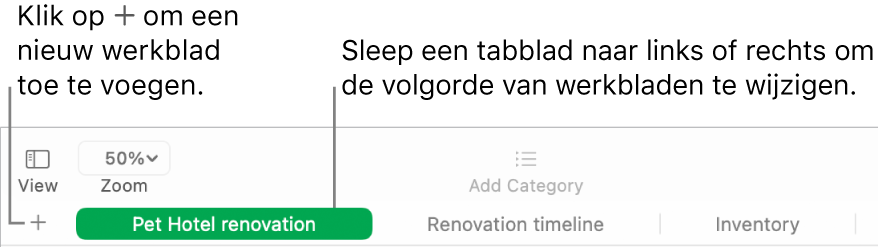Een Numbers-venster waarin je ziet hoe je een nieuw werkblad toevoegt en hoe je de volgorde van werkbladen wijzigt.