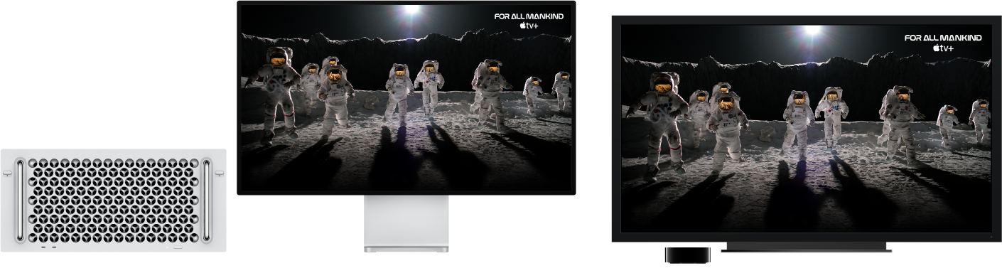 Skjerminnholdet fra en Mac Pro vises på en stor HDTV ved hjelp av Apple TV.