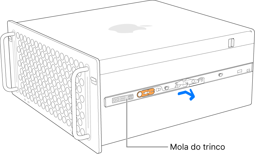 Uma calha a ser desmontada da parte lateral do Mac Pro.