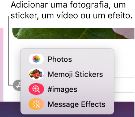 O menu Aplicações com opções para mostrar fotografias, stickers de Memoji, GIF e efeitos de mensagens.