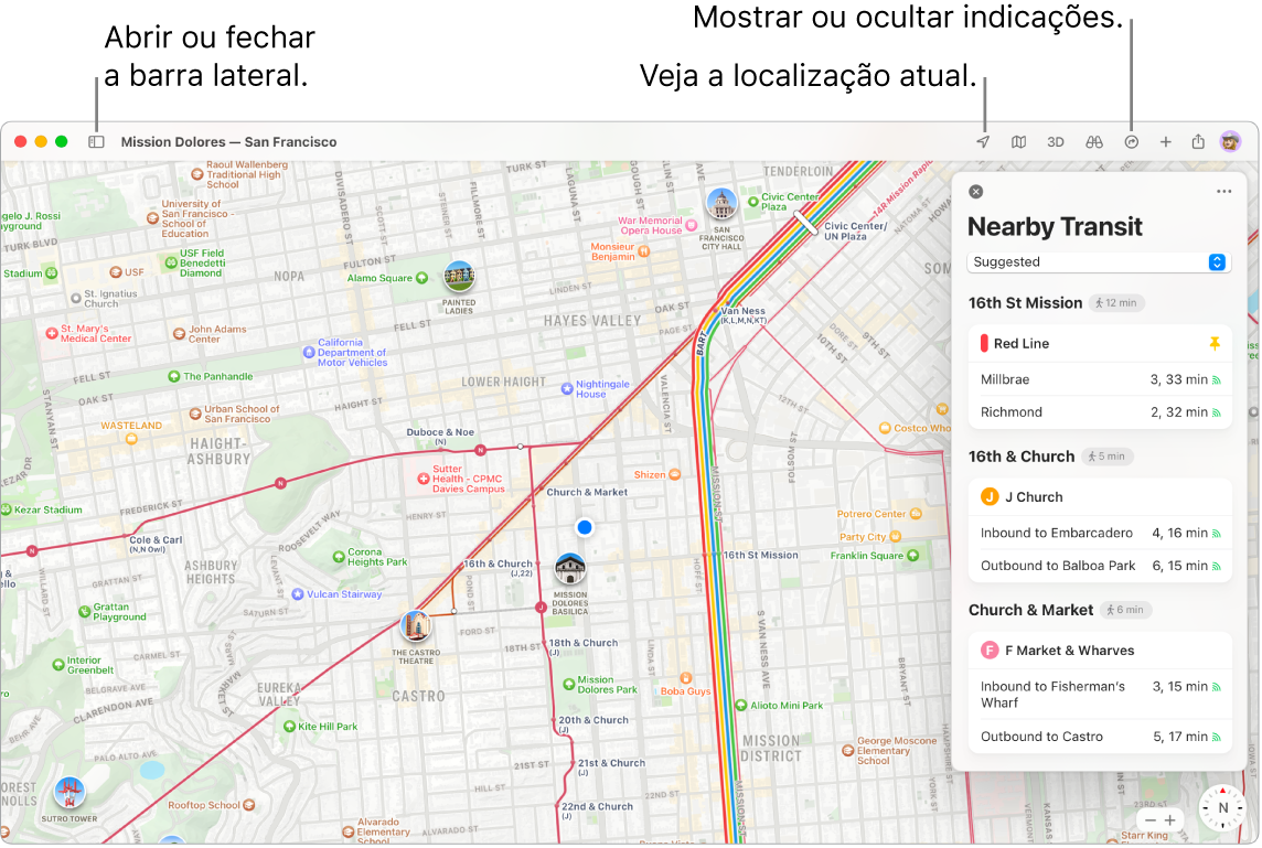 Uma janela da aplicação Mapas a mostrar como obter indicações clicando num destino na barra lateral, como abrir ou fechar a barra lateral e como encontrar a sua localização atual no mapa.