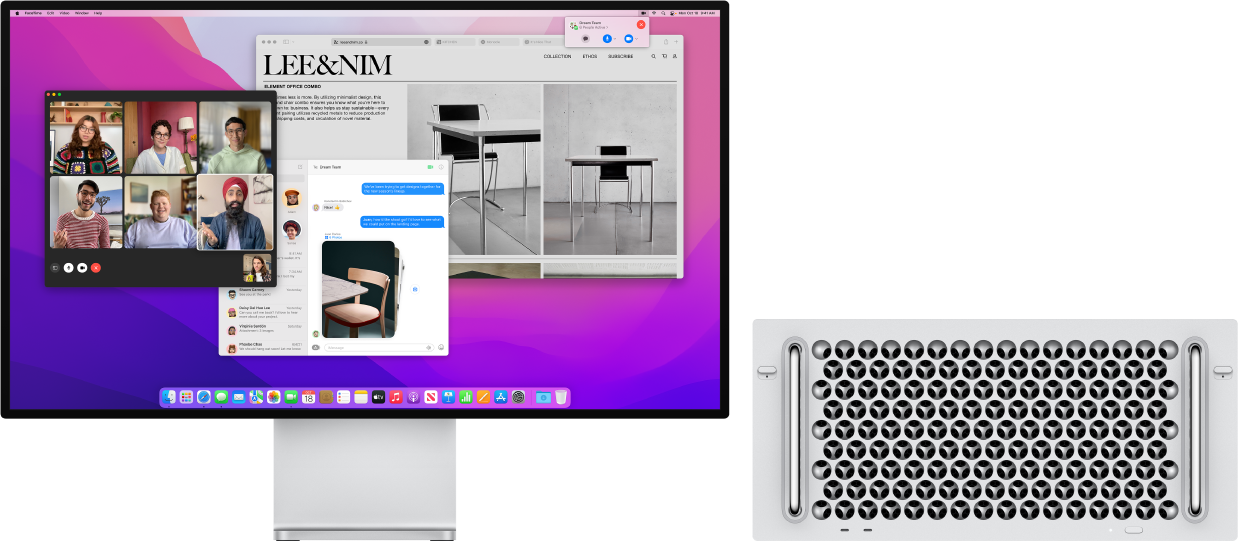 Um Mac Pro ligado a um Pro Display XDR, com a secretária a mostrar a central de controlo e várias aplicações abertas.