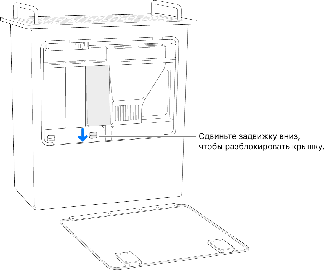 Mac Pro, стоящий вертикально. Особо обозначен фиксатор, с помощью которого можно открыть крышку отсека DIMM.