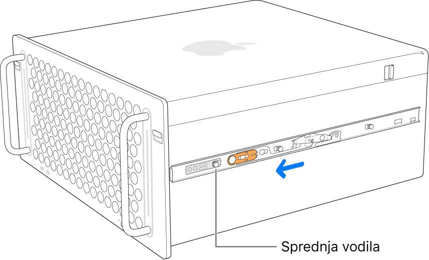 Računalnik Mac Pro s tirnico, ki se podrsa naprej in zaklene na mestu.